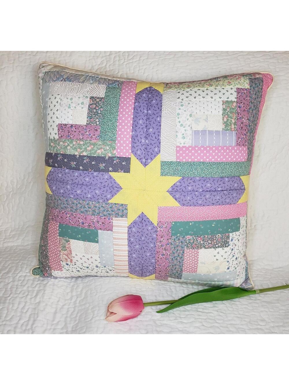 Vintage Pastel Lavender Patchwork Pillow Quilted Pillow 17” X 17” Log Cabin